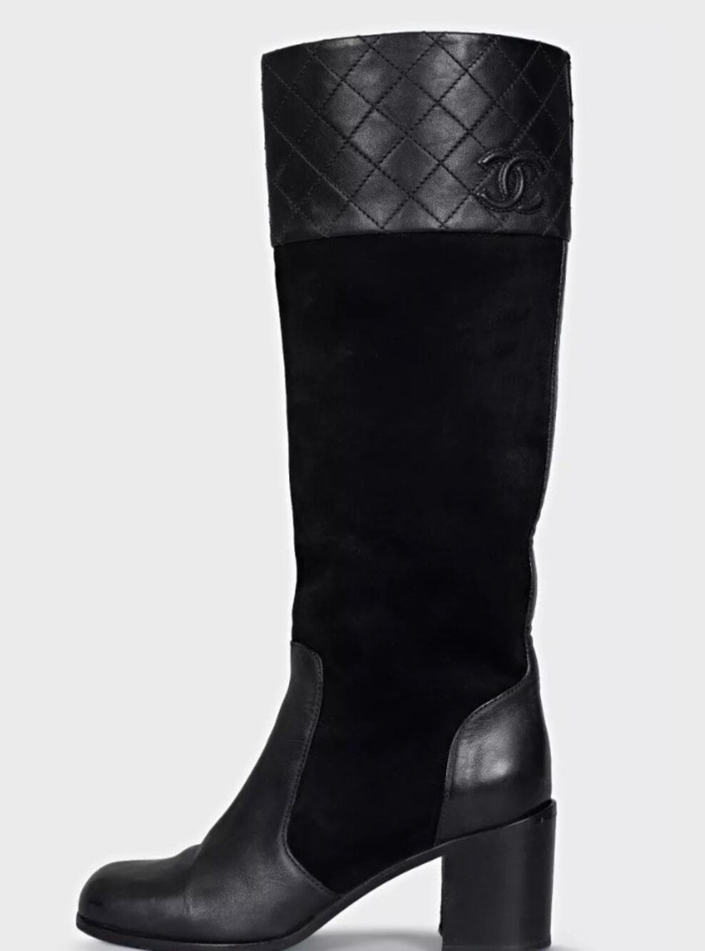 CHANEL Black Suede & Leather Block Heel Boots EU 37